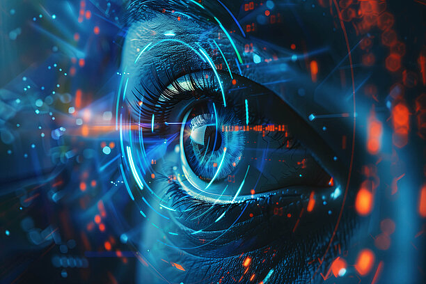 Auge vor blauem Hintergrund mit Spielgelung